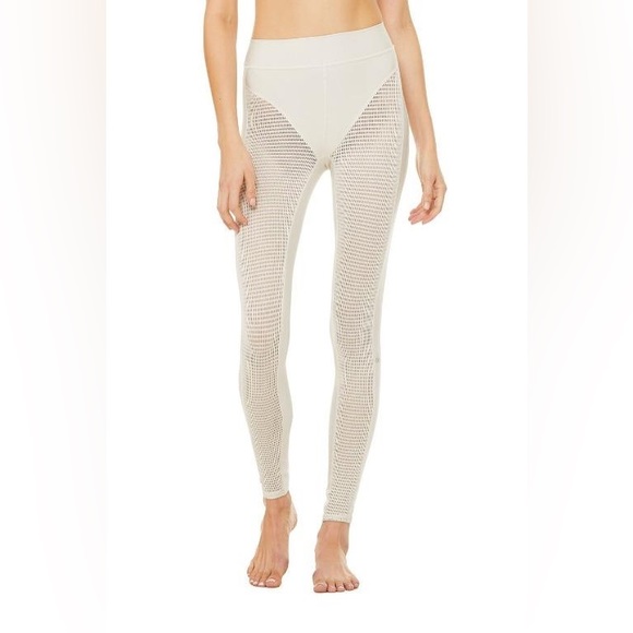 Alo Bone Cream Mesh Set Size Small High-Waist Legging & Short Sleeve Top - Picture 3 of 15